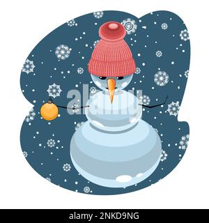Bonhomme de neige dans un bonnet tricoté tenant une illustration vectorielle de boule de Noël Illustration de Vecteur