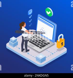 Femme signant le contrat électronique mettant e signature sur l'écran d'ordinateur portable 3D illustration vectorielle isométrique Illustration de Vecteur