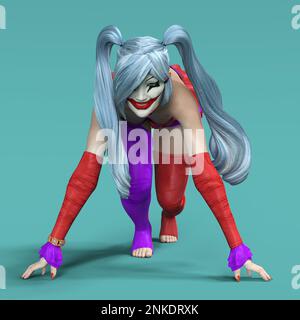 3D-illustration d'un joker d'arlequin féminin mignon et dangereux Banque D'Images