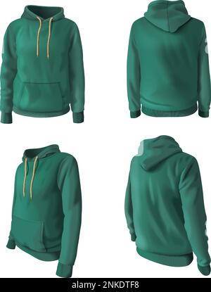 Ensemble de maquettes de sweat-shirts à capuche et sweatshirts à capuche réalistes avec illustration vectorielle isolée de couleur verte Illustration de Vecteur