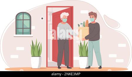 Concept de dessin animé de soins aux personnes âgées avec un homme livrant des produits d'épicerie à l'illustration vectorielle de porte avant Illustration de Vecteur