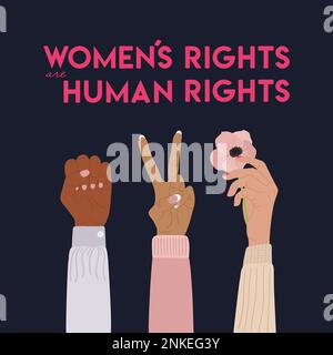 Les droits des femmes sont des affiches sur les droits de la personne, avec une poignée en V, un geste en V et une fleur en main. Autonomisation des femmes, pouvoir des filles, féminisme et sœur Illustration de Vecteur