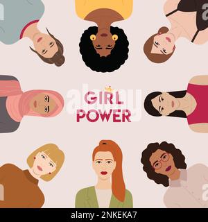 Un groupe de personnages féminins différents se dressent ensemble. Journée internationale de la femme, 8 mars. Autonomisation des femmes, pouvoir des filles, féminisme et concept de la fraternité. Illustration de Vecteur