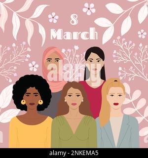 Journée internationale de la femme, 8 mars. Un groupe de personnages féminins différents se dressent ensemble. Autonomisation des femmes, pouvoir des filles, féminisme et concept de la fraternité. Illustration de Vecteur