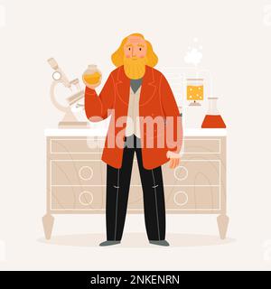 Le grand scientifique russe dmitri mendeleev dans son illustration vectorielle plate de laboratoire Illustration de Vecteur