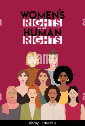 Les droits des femmes sont la carte des droits de l'homme avec un groupe de personnages féminins divers se tiennent ensemble. Journée internationale de la femme, 8 mars. Autonomisation des femmes, fe Illustration de Vecteur