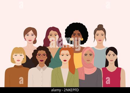 Bannière horizontale avec un groupe de personnages féminins divers se tiennent ensemble. Journée internationale de la femme, 8 mars. Autonomisation des femmes, féminisme et sisterho Illustration de Vecteur