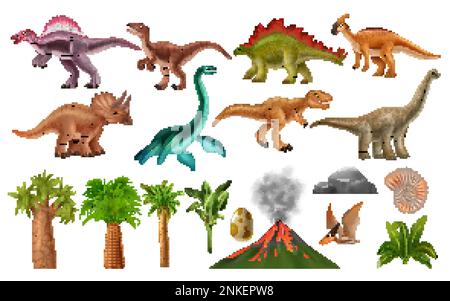 Espèces de dinosaures et période jurassique éléments de paysage ensemble réaliste illustration de vecteur isolé Illustration de Vecteur