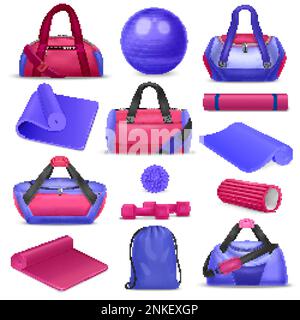 Jeu réaliste de sacs de gym rose et bleu outils de fitness avec tapis de boule de roulement haltères illustration vectorielle isolée Illustration de Vecteur