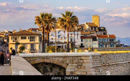 Antibes, France - 4 août 2022 : vue panoramique de la vieille ville historique avec remparts médiévaux et musée Picasso sur la rive de l'azur coût de la Méditerranée Banque D'Images