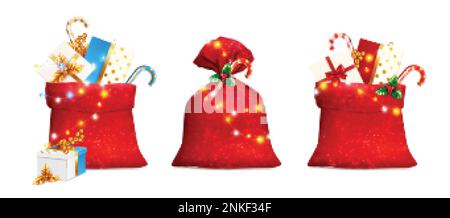 Trois sacs de noël rouges réalistes avec des canes de bonbons et des guirlandes lumineuses illustration vectorielle isolée Illustration de Vecteur