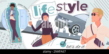 Personnes style de vie collage avec voiture hommes et femme surfant net boire du café plat illustration vectorielle Illustration de Vecteur