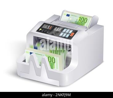 Composition réaliste de la machine à compter de l'argent avec vue isolée de l'appareil bancaire moderne chargé avec l'illustration vectorielle des billets de banque Illustration de Vecteur