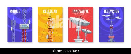 Tours de communication ensemble de quatre affiches verticales isolées avec texte modifiable et antennes cellulaires avec illustration du vecteur d'ondes Illustration de Vecteur