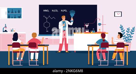 Cours de chimie école intérieur de salle de classe avec les apprenants intéressés regardant l'enseignant masculin exécutant l'expérience chimique vecteur plat illustration Illustration de Vecteur