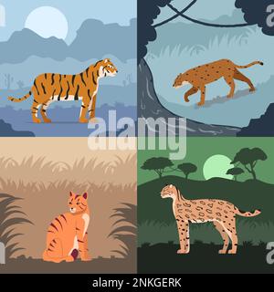 Chats sauvages plat 2x2 ensemble de compositions carrées avec des paysages exotiques de plein air avec des tigres et des léopards illustration vectorielle Illustration de Vecteur