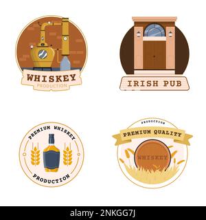 Production de whisky plat 2x2 jeu de compositions isolées avec texte modifiable sur les badges d'emblème et l'illustration vectorielle des icônes Illustration de Vecteur