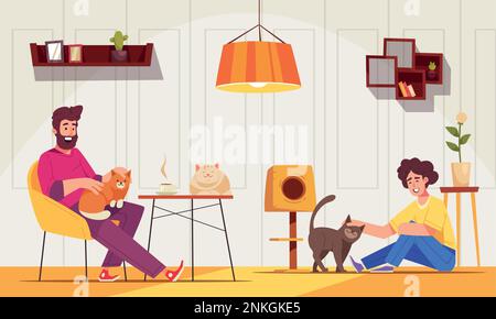Affiche de dessin animé de café chats avec des personnes buvant du café avec des animaux de compagnie illustration vectorielle Illustration de Vecteur