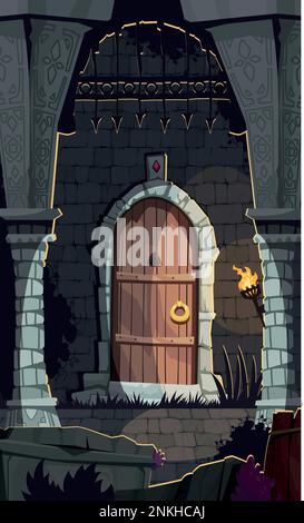 Poster de dessin animé de Dungeon avec illustration vectorielle de la porte du château médiéval Illustration de Vecteur