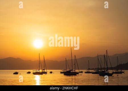 Italie, Vénétie, Bardolino, Silhouettes de voiliers flottant dans le lac de Garde au coucher du soleil Banque D'Images