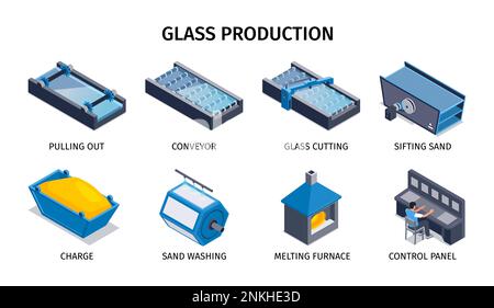 Production de verre icônes isométriques représentant le lavage et le tamisage du convoyeur de four de fusion de sable sortant illustration vectorielle isolée Illustration de Vecteur