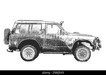 Croquis d'une voiture 4x4 sur fond blanc. 4x4 extrême tout-terrain. Banque D'Images