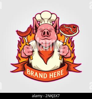Mignon chef cochon délicieux barbecue viande logo illustrations dessin animé vecteur pour votre travail, t-shirt de marchandises, autocollants et dessins d'étiquettes, poster Illustration de Vecteur