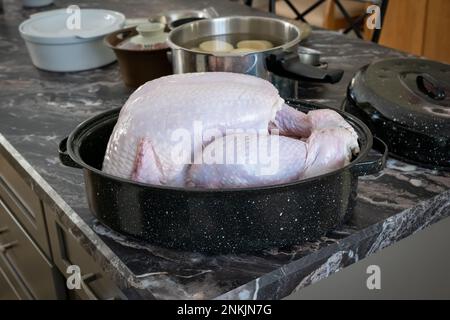 Carcasse de dinde dans la rôtissoire sur le comptoir de cuisine avec d'autres casseroles, en préparation pour la cuisson pour le dîner de Thanksgiving. Banque D'Images