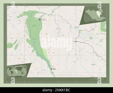 Jonglei, État du Soudan du Sud. Ouvrez la carte des rues. Lieux et noms des principales villes de la région. Cartes d'emplacement auxiliaire d'angle Banque D'Images