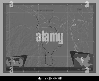 Warrap, État du Soudan du Sud. Carte d'altitude à deux niveaux avec lacs et rivières. Lieux et noms des principales villes de la région. Emplacement auxiliaire du coin Banque D'Images