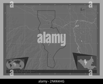 Warrap, État du Soudan du Sud. Carte d'altitude à deux niveaux avec lacs et rivières. Lieux des principales villes de la région. Cartes d'emplacement auxiliaire d'angle Banque D'Images
