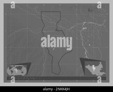 Warrap, État du Soudan du Sud. Carte d'altitude en niveaux de gris avec lacs et rivières. Cartes d'emplacement auxiliaire d'angle Banque D'Images