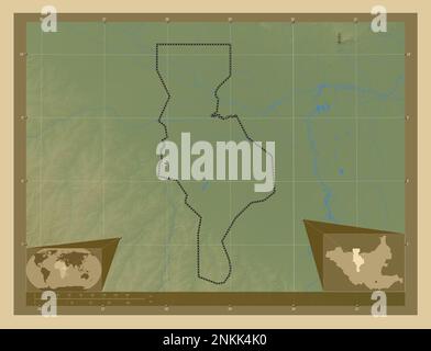 Warrap, État du Soudan du Sud. Carte d'altitude en couleur avec lacs et rivières. Cartes d'emplacement auxiliaire d'angle Banque D'Images