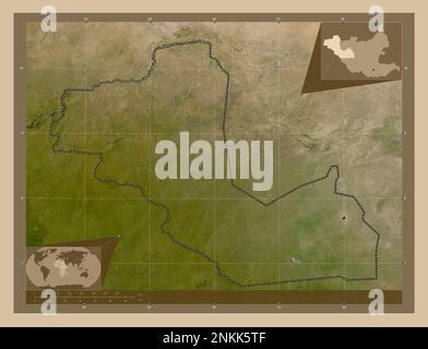 Bahr-el-Ghazal occidental, État du Soudan du Sud. Carte satellite basse résolution. Cartes d'emplacement auxiliaire d'angle Banque D'Images