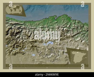 Cantabrie, communauté autonome d'Espagne. Carte d'altitude colorée en style wiki avec lacs et rivières. Cartes d'emplacement auxiliaire d'angle Banque D'Images