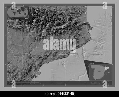 Cataluna, communauté autonome d'Espagne. Carte d'altitude à deux niveaux avec lacs et rivières. Lieux et noms des principales villes de la région. Coin auxili Banque D'Images
