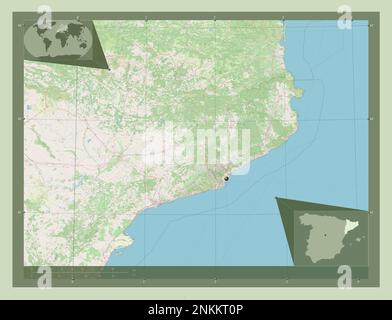 Cataluna, communauté autonome d'Espagne. Ouvrez la carte des rues. Cartes d'emplacement auxiliaire d'angle Banque D'Images