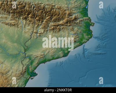 Cataluna, communauté autonome d'Espagne. Carte d'altitude en couleur avec lacs et rivières Banque D'Images