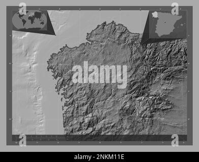 Galice, communauté autonome d'Espagne. Carte d'altitude à deux niveaux avec lacs et rivières. Cartes d'emplacement auxiliaire d'angle Banque D'Images