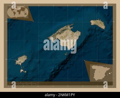 Islas Baleares, communauté autonome d'Espagne. Carte satellite basse résolution. Cartes d'emplacement auxiliaire d'angle Banque D'Images