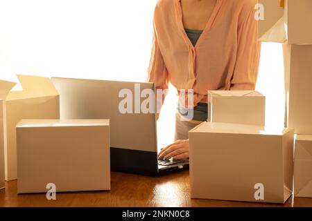 La jeune fille se prépare à envoyer des boîtes avec des marchandises et un ordinateur portable sur la table à la maison, affaires de logistique à la maison, envois postaux Banque D'Images