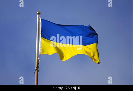 Photo du dossier datée du 31/01/23 du drapeau ukrainien, plus de 2 000 Ukrainiens ayant bénéficié d'un soutien en Irlande du Nord depuis l'invasion russe il y a un an. La guerre a vu des essaims d'Ukrainiens devoir fuir leurs foyers en raison du conflit. Banque D'Images