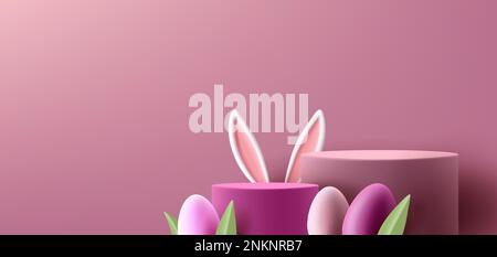 Estrade de Pâques printanière, piédestal cylindrique avec œufs et oreilles de lapin, couleurs roses, fond de printemps Illustration de Vecteur