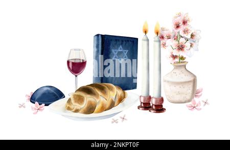 Aquarelle Shabbat Shalom composition pour les voeux du samedi avec challah, bougies, livre de Torah, kipa, verre de vin rouge et fleurs Banque D'Images