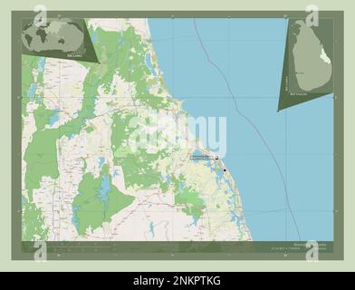 Batticaloa, district de Sri Lanka. Ouvrez la carte des rues. Lieux et noms des principales villes de la région. Cartes d'emplacement auxiliaire d'angle Banque D'Images