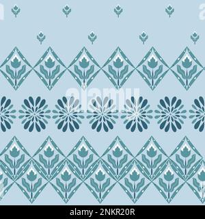 Motif fleuri géométrique et losange. Motif simple et élégant dans des tons bleus. Symétrie plate fleurs abstraites sur fond bleu. Imprimé batik Banque D'Images