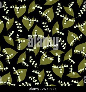 Motif Lily of the Valley sans coutures. Texturé peut limules fleurs avec des feuilles sur le fond noir. Imprimé fleuri Banque D'Images