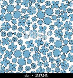 Motif fleuri sans couture sur fond blanc. Fleurs isolées abstraites dessinées à la main bleues avec contour noir. Fleurs monochromes de différentes tailles Banque D'Images