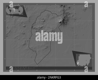 Centre du Darfour, État du Soudan. Carte d'altitude à deux niveaux avec lacs et rivières. Cartes d'emplacement auxiliaire d'angle Banque D'Images