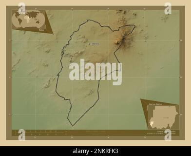 Centre du Darfour, État du Soudan. Carte d'altitude en couleur avec lacs et rivières. Lieux et noms des principales villes de la région. Emplacement auxiliaire d'angle Banque D'Images